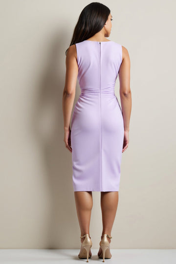 Purple Sheath Boat Neck Midi Work Dress with Belt